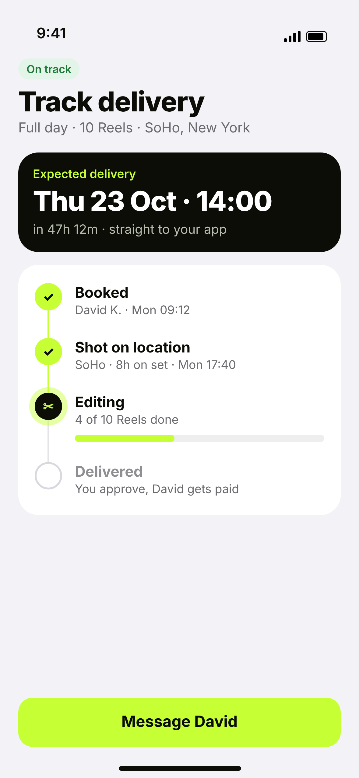 Flare app tracking a delivery through editing
